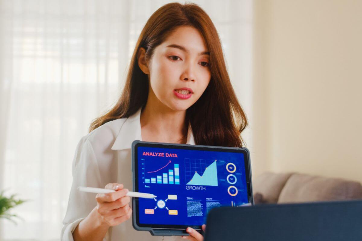 Marketing team reviewing performance metrics and accountability reports for social media campaigns