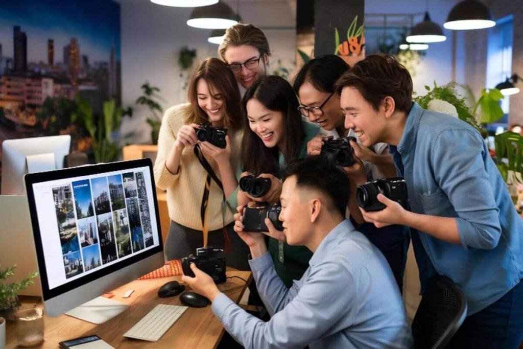 Business executives aligning goals with a social media agency during a digital strategy meeting