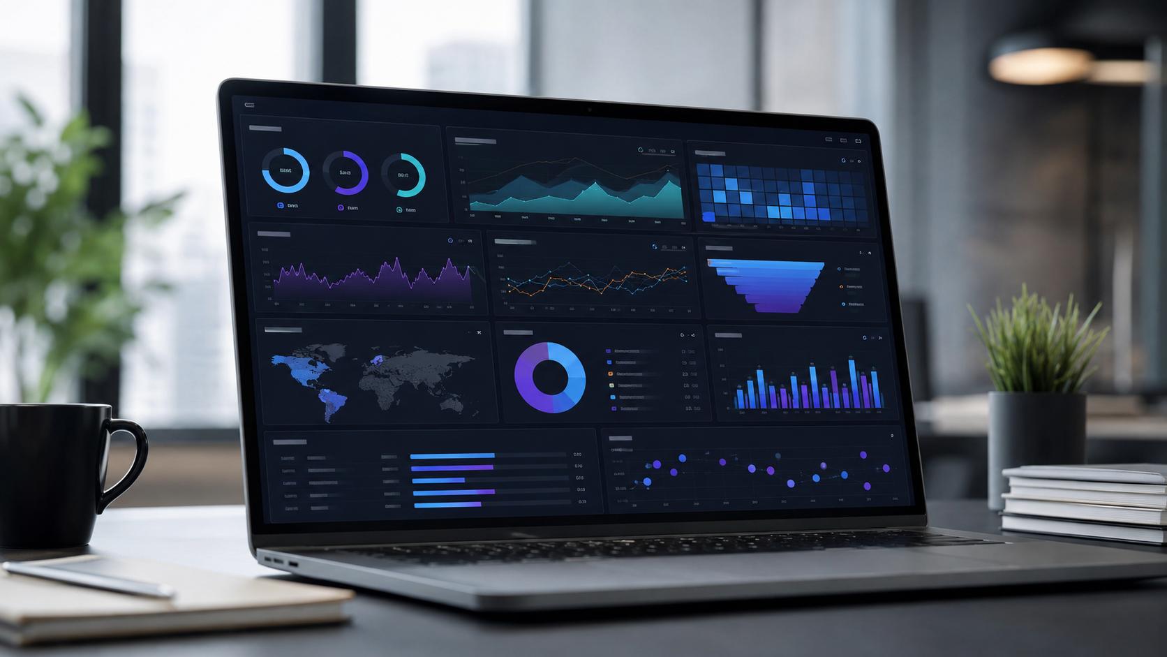 Social media performance analytics dashboard on a laptop showing engagement metrics, reach indicators, conversion trends, audience insights, and campaign comparison charts