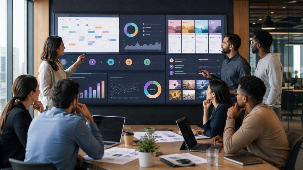 Business and social media agency teams collaborating around a campaign planning dashboard with content calendars, KPI charts, approval workflows, and performance indicators