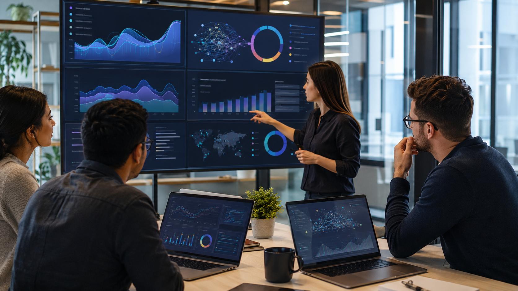 Digital marketing team reviewing an AI visibility audit dashboard with query trends, competitor comparison charts, and performance graphs.