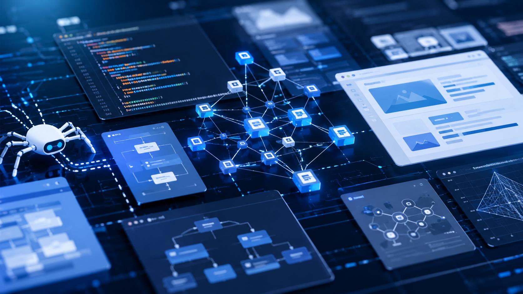 Close-up technical interface showing schema markup, structured data nodes, website architecture, and AI indexing concepts for Answer Engine Optimization.