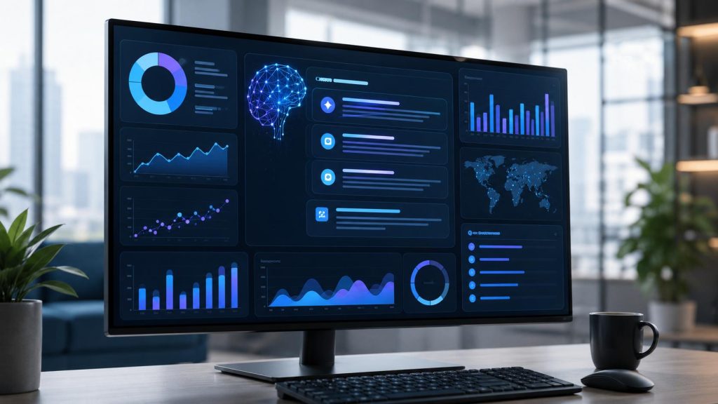 Modern digital marketing dashboard showing AI search results, analytics charts, and brand visibility metrics for Answer Engine Optimization services.