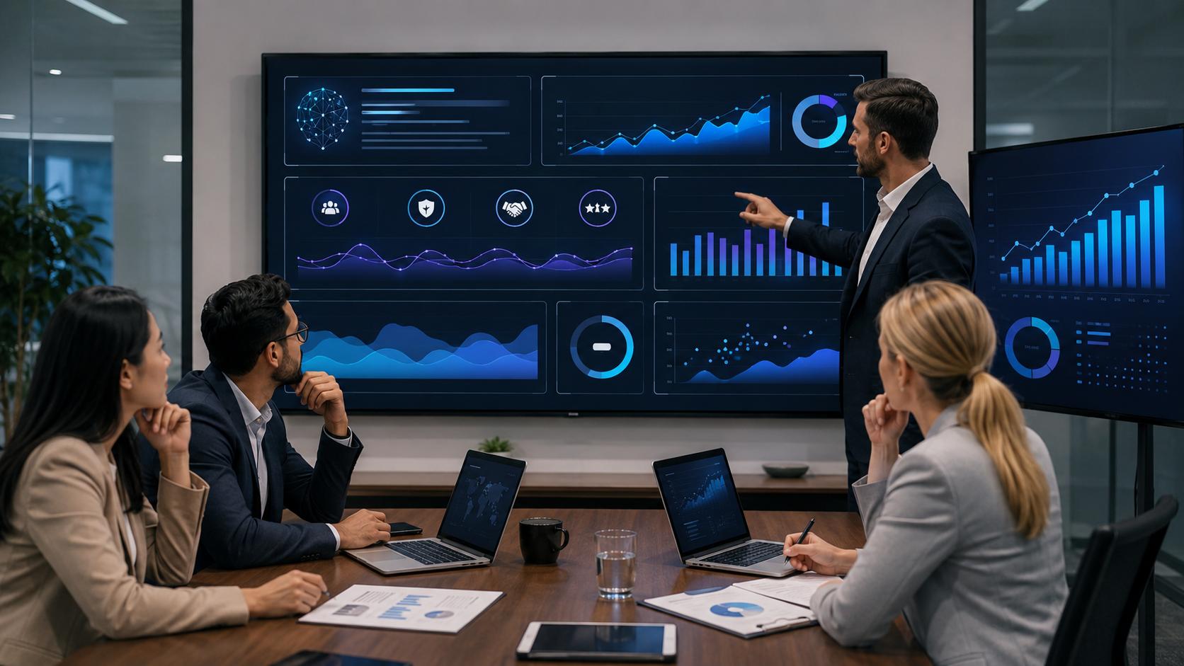 Digital marketing team reviewing an Answer Engine Optimization strategy dashboard with engagement graphs, trust indicators, and conversion performance charts