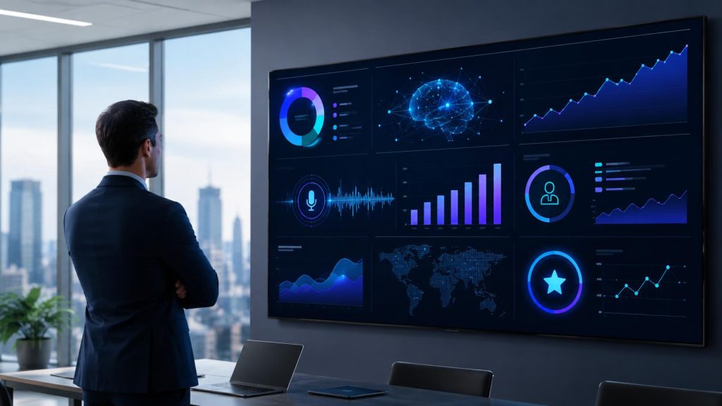 Business leader reviewing an AI-powered growth dashboard with voice search signals, conversion charts, and brand authority metrics for AEO